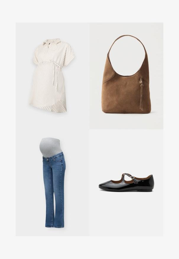 Zwangerschapsshirt in beige en witte strepen, korte mouwen, kraag, gestrikte taille detail, vloeiende stof en afgeronde zoom voor comfort.; Blauwe zwangerschapsjeans met een grijze rekbare buikstrook die ontworpen is om comfortabel over een zwangere buik te passen en ondersteuning te bieden.; Zwarte lakleren Mary Jane platte schoen met twee uitsparingen en een gouden gespbandje op een witte achtergrond.; Bruine suède schoudertas met enkele schouderband, gebogen bovenkant en een kleine kwast met een gouden bedel aan de zijkant tegen een effen achtergrond.