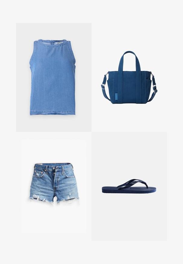 Ärmelloses hellblaues Denim-Top mit rundem Ausschnitt und Rückenknopfverschluss, mit einem kleinen Rüschenbesatz am Kragen.; Helles Denim-Shorts in Blau mit fransigen Säumen, hoher Taille, Knopfverschluss und zwei Fronttaschen; distressed Details verleihen Textur.; Dunkelblaue Gummi-Zehensandale mit strukturierter Sohle und Y-förmigem Riemen auf schlichtem hellem Hintergrund.; Blauer Canvas-Shopper mit zwei oberen Griffen, Seitentaschen, abnehmbarem Schulterriemen und kleinem Calvin Klein Logo auf der Vorderseite.