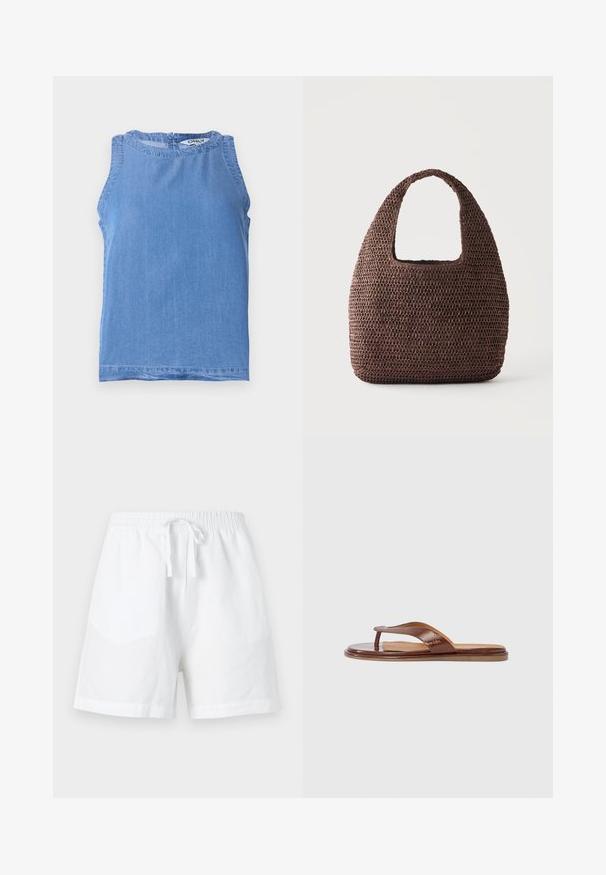 Top sans manches en denim bleu clair avec encolure ronde et fermeture par bouton au dos, doté d'un petit volant autour du col.; Shorts blancs décontractés avec taille élastique et lien de serrage à l'avant, conçus pour le confort avec une coupe décontractée.; Tongs en cuir marron avec une bride texturée et une semelle intérieure lisse. Présente un design minimaliste et une semelle plate, adaptées pour un usage décontracté.; Sac tote marron en crochet avec une large anse et une forme rectangulaire arrondie sur fond uni clair.