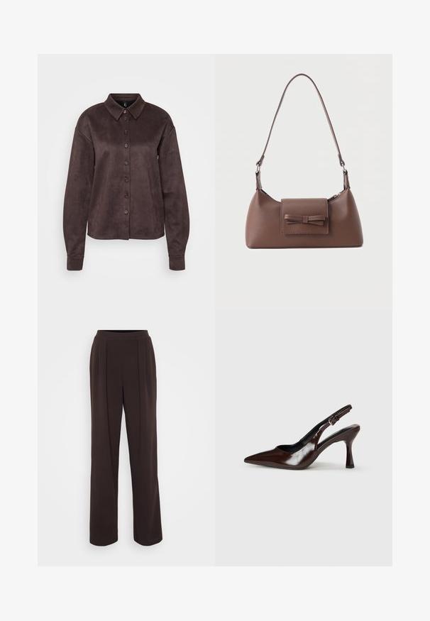 ONLY Tall ONLRINEA BUTTON SHIRT - Nööpidega pluus - chocolate torte; Laia püksid tumesinises kangas, millel on sile tekstuur, ees olevad voldid ja kinnine vöökoht.; Pruunid patendiga nahast slingback kontsad terava varbaga, õhukese kontsaga ja reguleeritava rihmaga, millel on väike hõbe kinnitussõlm.; Pruun nahast õlakott ees taskuga, millel on õmmeldud lipsu detail ja reguleeritav rihm.