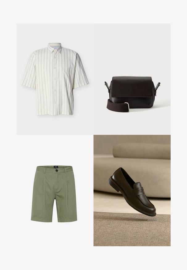 Kurzärmeliges, cremefarbenes Hemd mit Knopfleiste, dünnen, vertikalen grauen Streifen und einer linken Brusttasche, vor hellem Hintergrund dargestellt.; Olivgrüne Shorts mit maßgeschneidertem Design, mit Knopfverschluss, Vordertaschen und dezenten senkrechten Streifen aus einem weichen, strukturierten Stoff.; Ein einzelner dunkelbrauner Lederloafer schwebt über einem beigen, strukturierten Teppich, mit einem unscharfen beigen Sofa im Hintergrund.; Dunkelbraune Leder-Umhängetasche mit Klappenverschluss und verstellbarem Stoffriemen auf weißem Hintergrund.