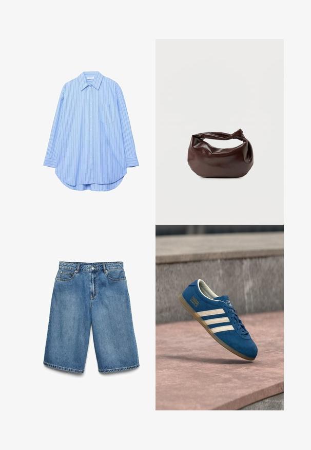 Chemise à manches longues bleu clair avec des fines rayures verticales foncées, un col pointu, une poche poitrine et un ourlet arrondi.; Short en denim bleu de longueur moyenne avec bouton à l'avant, fermeture éclair, passants pour ceinture et design à cinq poches, étalé à plat sur fond blanc.; Baskets en daim bleu avec bandes et lacets crème, semelle en caoutchouc naturel, surface texturée, bout arrondi et logo sur le côté.; Sac bandoulière en cuir marron foncé avec une forme souple et décontractée et une anse nouée torsadée sur un fond blanc uni.