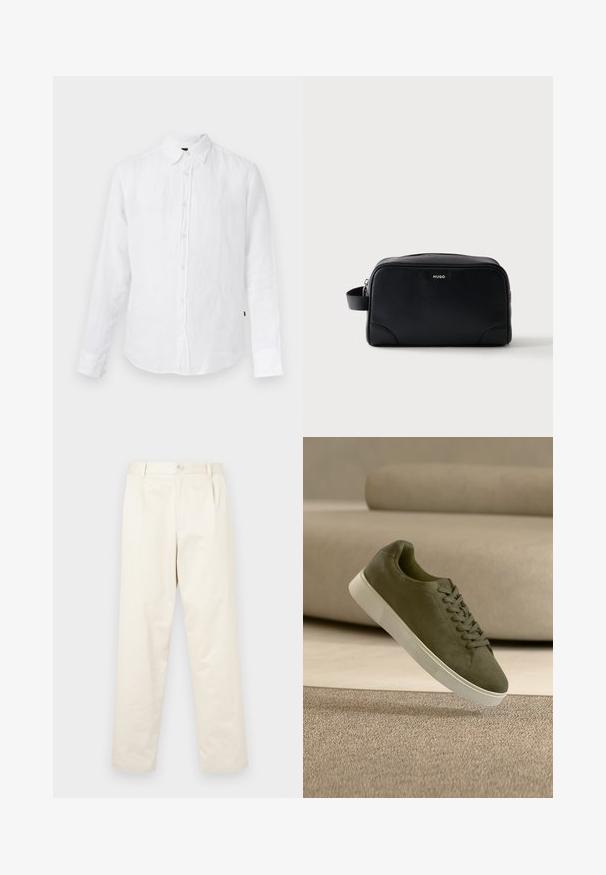 Camisa blanca de manga larga con botones en el frente, cuello y una textura sutil en la tela.; Chinos de algodón color beige claro con un diseño de pierna recta, que presentan un cierre de botón y dos bolsillos laterales. Textura suave sin patrones visibles.; Zapatilla de ante verde oliva con suela y cordones blancos flotando sobre una alfombra beige frente a un sofá beige claro.; HUGO Neceser - black