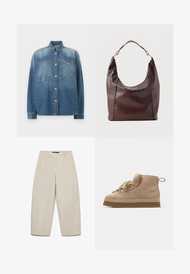 Blå denim skjorte med knapper, lange ærmer, to brystlommer foran og en nedfoldet krave, der viser en falmet vask effekt.; Beige vidde bukser med bæltestropper, forlommer og lynlåslukning foran.; Beige ruskinds høje sneakers med en tykk gummisål, der har en foldbar tunge, rund tå og dekorative snørebånd.; Mørkebrun læder skuldertaske med en enkelt justerbar rem, en let buet top og en lynlåslukning på den ene side.