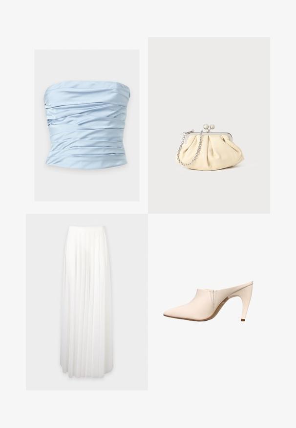 Lyseblå stropfri satin top med vandrette folder og en let rynket tekstur på ensfarvet baggrund.; Lang hvid plisseret nederdel med høj talje og et flydende gulvlængde design mod en ensfarvet baggrund.; Beige mule med spids tå, mellemhøj buet hæl og minimale syninger nær åbningen på hvid baggrund.; Plisseret beige læderclutch med en sølvmetalramme, der har to runde dekorative låse og en sølvkædetrasporte.