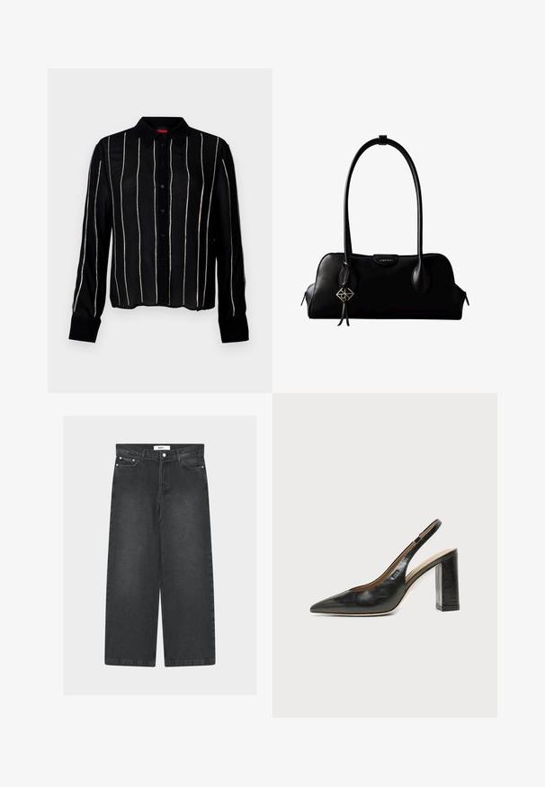 Schwarzes Langarmshirt mit Knopfleiste, vertikalen silbernen Streifen, Kragen und strukturiertem Stoff.; Schwarze weite Denim-Hose mit hoher Taille, vorderen Taschen und Knopfverschluss. Verfügt über einen Tunnelzug in der Taille und eine glatte Textur.; Schwarzer Leder-Slingback-Schuh mit spitzer Kappe, hohem Blockabsatz und beigegefüttertem Innenraum vor hellem, einfarbigem Hintergrund.; Schwarze Lederhandtasche von Calvin Klein mit langen Henkeln, einem vorderen Logo-Tag und einem silbernen geometrischen Anhänger, der an einem Henkel hängt.