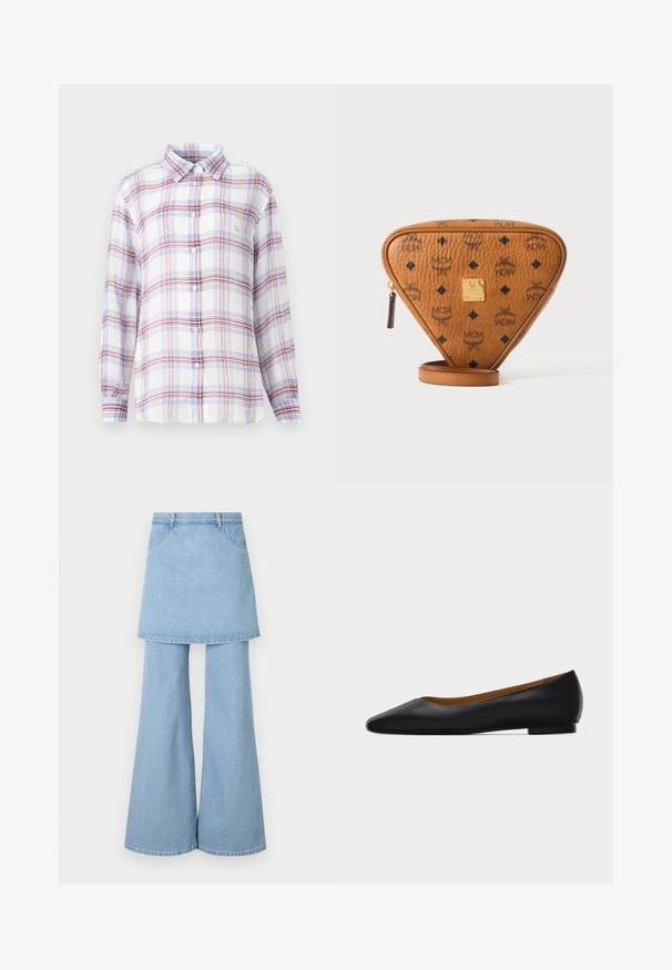 Knopjes lange-mouwen overhemd met wit, rood en blauw ruitpatroon, puntige kraag en klein geborduurd logo op het linkerborstzakje.; Denim rok-broek hybride, met lichtblauwe stof, uitlopende pijpen en zichtbare stikdetails. Ontworpen met voorzakken en een tailleband.; Zwarte leren puntschoen met lage hak en gladde afwerking, zijaanzicht op een lichtgrijze achtergrond.; Bruine driehoekige leren crossbodytas met zwarte MCM-logo's, gouden metalen merkplaatje en een ritssluiting op een witte achtergrond.
