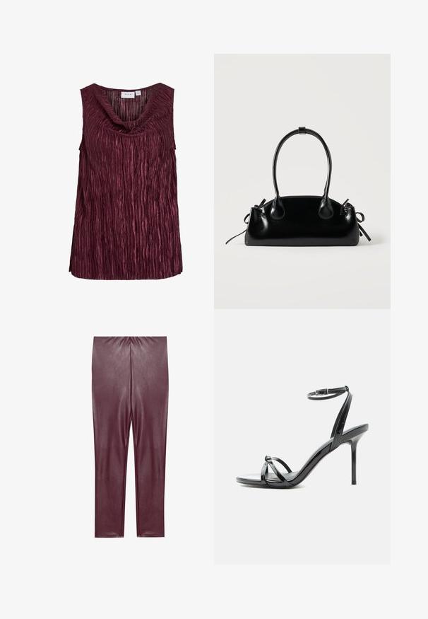 Burgunderfarvet ærmeløs top med draperet halsudskæring, der har lodrette plisseringer og en struktureret overflade. Fremstillet af et skinnende, let materiale.; Bordeaux faux læder leggings med en glat tekstur, høj talje og tætsiddende design, der strækker sig til anklerne uden yderligere detaljer.; Sort laklæder høje hæle sandal med tynde remme, der krydser tæerne, og en ankel spænde rem på en hvid baggrund.; Lille sort blank håndtaske med to lange håndtag og snøre-detaljer i siden på en ensfarvet lys baggrund.