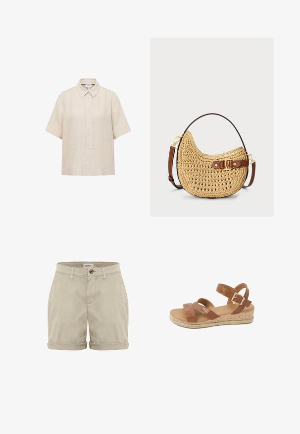 Beige kortærmet skjorte med knapper, spids krave og løs pasform.; Beige bomuldsshorts med oprevet kant, med en frontknaplukning og syede lommer. Glat tekstur med minimal dekoration.; Brun læder kile-sandal med to stropper, en ankelrem med guldfarvet spænde, korksål og flettet jute kant.; Vævet halmmulesæk med en buet form, brunt læderstrop med spænde og en naturlig tan farve. Tekstureret overflade med synlige sting.