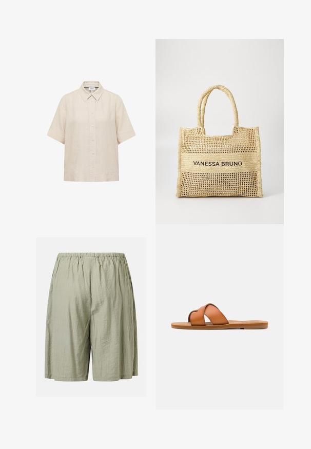 Chemise beige à manches courtes avec boutons, col pointu et coupe ample.; Shorts vert clair à coupe ample avec une taille élastique et une texture subtile froissée.; Sandale diapositive en cuir marron avec des lanières croisées, semelle plate, texture lisse et caractéristiques de design minimaliste pour un usage décontracté.; Sac fourre-tout tissé beige avec deux poignées et "VANESSA BRUNO" imprimé en noir sur un panneau tissé solide au centre.