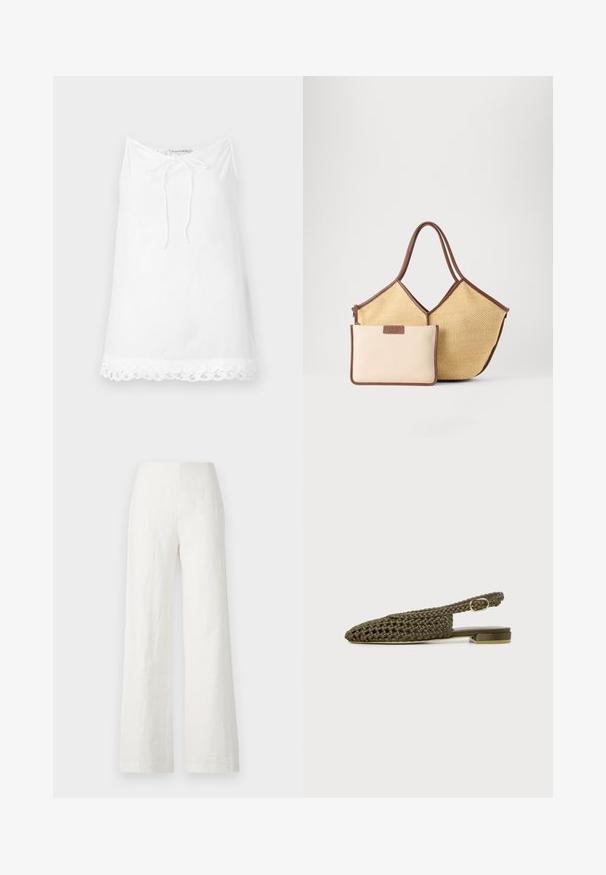 Witte mouwloze top met een trekkoordhalslijn en kantafwerking aan de onderkant. Gemaakt van lichtgewicht stof en heeft een ontspannen, losse pasvorm.; Witte linnen broek met wijde pijpen, een zachte textuur en een hoge taille. Heeft een eenvoudige en strakke silhouet zonder versieringen.; Olivengroene geweven platte slingback schoen met kleine gouden gesp en vierkante hak op witte achtergrond.; Beige geweven draagtasje met bruine biezen en handvatten, vergezeld van een kleinere beige pouch met bruine randen en een ritssluiting.