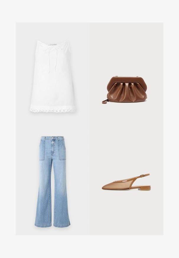 Weißes ärmelloses Oberteil mit einer Kordelzug-Ausschnittöffnung und Spitze am Saum. Hergestellt aus leichtem Stoff, mit einer entspannten, lockeren Passform.; CLOSED ARIA - Flared Jeans - light blue; Brauner Slingback-Schuh mit spitzer Spitze, niedrigem Blockabsatz und Knöchelriemen mit Schnallenverschluss.; Braune Leder-Clutch mit gerafftem Design und strukturiertem Rahmen oben, ausgestattet mit einem kleinen Handgelenksriemen und goldfarbenen Verschlussdetails.