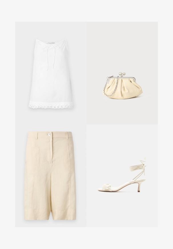 Witte mouwloze top met een trekkoordhalslijn en kantafwerking aan de onderkant. Gemaakt van lichtgewicht stof en heeft een ontspannen, losse pasvorm.; Beige linnen shorts met een gladde textuur, voorzien van een knoopsluiting aan de voorkant, een op maat gemaakte pasvorm en een rechte snit aan de onderkant.; Roomkleurige sandalen met lage hak, enkelriempjes en een brede gedraaide band over de tenen, op een effen witte achtergrond.; Geplooide beige leren clutch met een zilveren metalen frame, voorzien van twee ronde decoratieve sluitingen en een zilveren kettingriem.