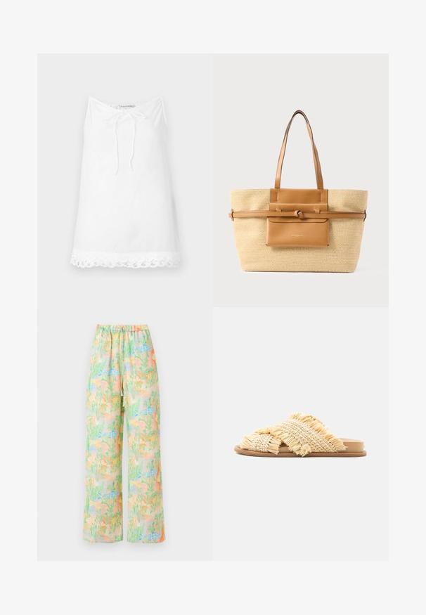 Top blanco sin mangas con un escote ajustable y un dobladillo con encaje. Hecho de tela ligera, presenta un corte holgado y relajado.; Pantalones de pierna ancha en tela ligera con un patrón pastel de peces y plantas. Cintura elástica con un detalle de cordón.; Sandalia tipo slip-on con suela plana y tiras cruzadas de paja beige tejida con bordes desflecados, presentada sobre un fondo blanco.; Bolso tote grande tejido en beige con dos asas de cuero marrón, un bolsito frontal de cuero y una correa horizontal de cuero con detalle de nudo.
