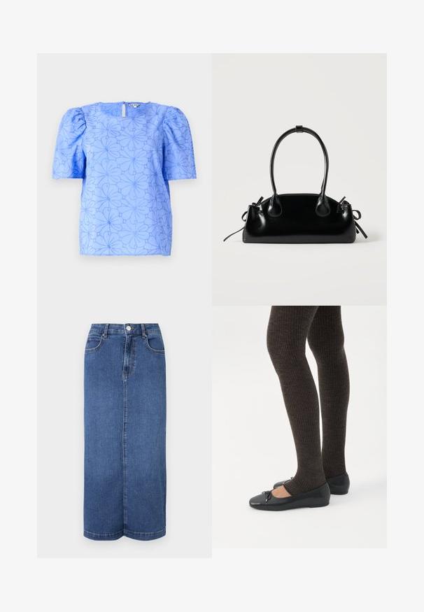 Lichtblauwe blouse met opgestoken mouwen, gestructureerd bloemmotief en een vierkante halslijn; heeft een sleutelgat uitsparing aan de achterkant.; Denim maxi rok in donkerblauw, met een rechte snit, een tailleband met knoopsluiting en minimale stikdetails.; Benen met donkere geribbelde leggings gecombineerd met zwarte ballerina's met kleine strikdetails op een witte achtergrond.; Kleine zwarte glanzende handtas met twee lange hengsels en zijkant trekkoord details op een effen lichte achtergrond.