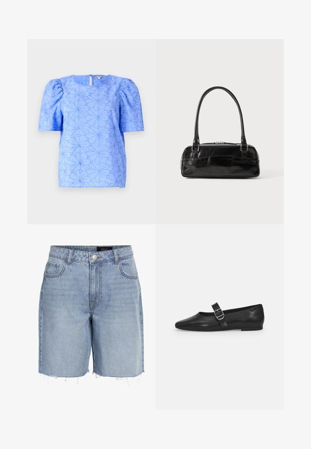 Blusa azul claro con mangas abullonadas, patrón floral texturizado y escote cuadrado; cuenta con un corte en forma de agujero en la espalda.; Pantalones cortos de mezclilla azul claro con cintura alta, cinco bolsillos, dobladillo deshilachado y un cierre clásico de botón. Hechos de una suave tela texturizada.; Zapato plano de cuero negro con punta redondeada, una sola correa ajustable con hebilla y una textura suave y brillante. Diseño minimalista con un tacón bajo.; Bolso de mano de cuero negro con forma rectangular, equipado con un asa estructurada, herrajes en plata y cierre de cremallera. Textura suave.