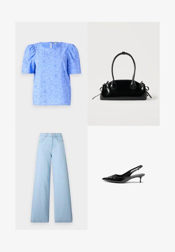 Lys blå bluse med puffede ærmer, struktureret blomster mønster og firkantet udskæring; har en nøglehulskæring bagpå.; Lysblå bredbenede jeans lavet af denim, med høj talje, forlommer og rene sømme med minimal syning.; Sorte læder slingback-pumps med spids tå, lav kitten-hæl og rynket detalje på overdelen. Glat tekstur og minimalistisk design.; Lille sort blank håndtaske med to lange håndtag og snøre-detaljer i siden på en ensfarvet lys baggrund.
