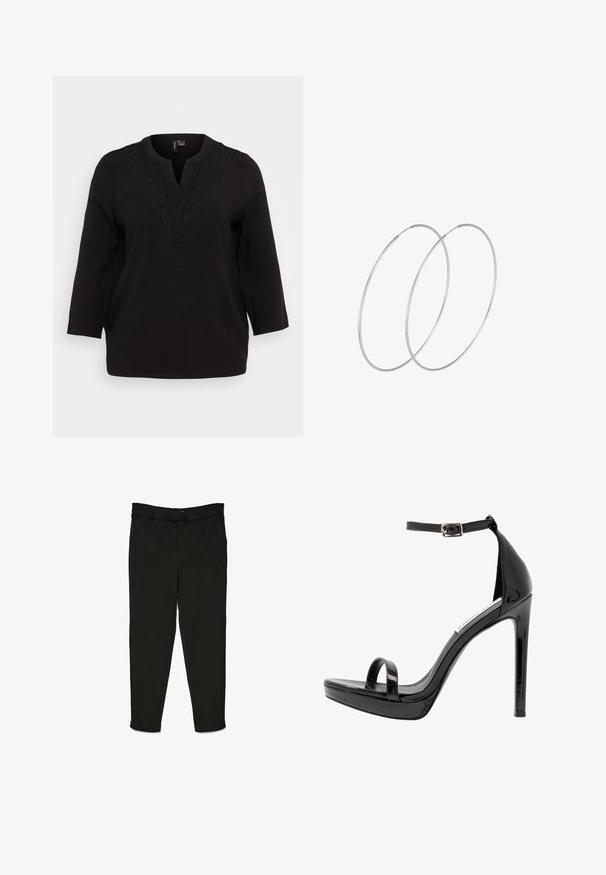 Black blouse with 3/4 sleeves, lace detail on the neckline, button placket, and a relaxed fit. Made of soft, breathable material.; Black trousers made of woven fabric, featuring a straight-cut design, flat front, and cuffs at the ankles for a streamlined look.; Steve Madden MILANO - High heeled sandals - black; Silver hoop earrings with a minimalist design. Circular shape, smooth texture, and thin profile. Lightweight with a polished finish.