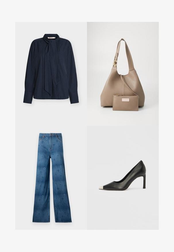 Blusa azul marino con diseño acanalado texturizado, cuello doblado con lazo y mangas largas con puños abotonados.; Jeans de denim de pierna ancha en azul oscuro, con un patrón sutil en todo el tejido y un diseño clásico de cinco bolsillos. La costura contrasta con la tela.; Zapato de tacón alto de cuero negro con punta en forma de pico y una tapa metálica plateada. Presenta un acabado suave y un tacón delgado de 10 cm.; Bolso hobo de cuero en suave tono topo con acabado texturizado, que presenta un acento de hardware en tono dorado y un bolso extraíble a juego.