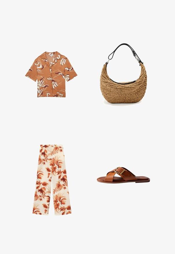 Kortærmet skjorte i rustfarve med blomsterprint i creme og mørkeblå. Lavet af letvægtsstof med løs pasform og knaplukning.; Vide benbukser i et let materiale, der har en off-white bund med store rustfarvede bladmønstre og en glat tekstur.; Brun læder slidesandal med krydsede stropper og en guldbeklædt spænde på en flad sål, set fra siden på en hvid baggrund.; Vævet stråtaske i beige med en buet silhuet, med en sort læderrem og sølvfarvede hardware-detaljer. Tekstureret finish.