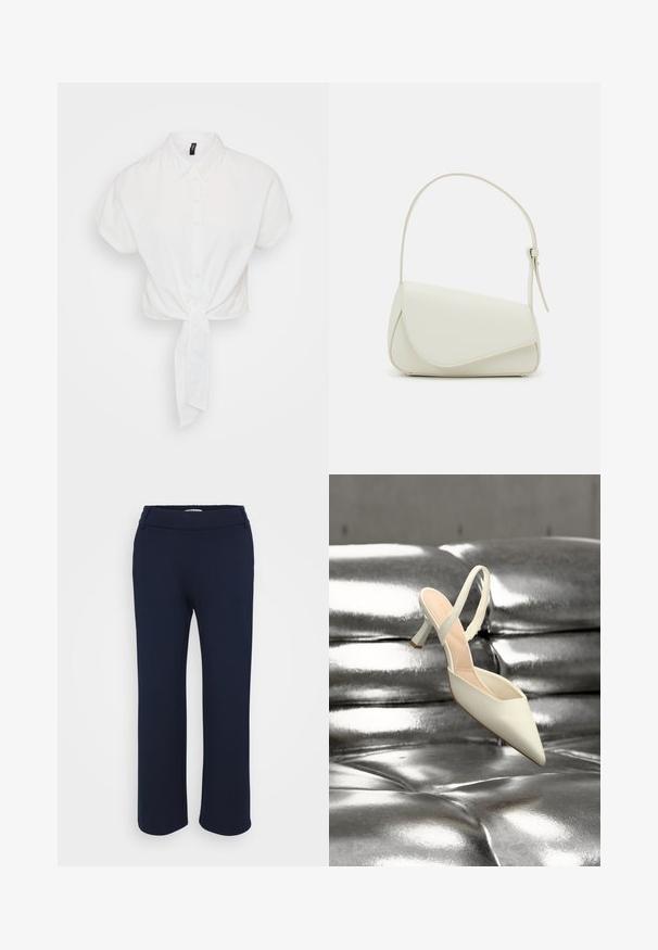 Weißes, kurzes Hemd mit kurzen Ärmeln, Knopfverschluss und einem gebundenen Knoten in der Taille. Hergestellt aus einem glatten, leichten Stoff.; Marineblaue gerade geschnittene Hose aus elastischem Material, mit flachem Bund und zwei seitlichen Taschen für Funktionalität.; Ein einzelner weißer Slingback-Pumps mit spitzer Kappe liegt auf einer glänzenden, metallisch silbernen, gesteppte Oberfläche.; Weiße Kunstleder-Handtasche mit einer strukturierten dreieckigen Form, einem verstellbaren Einzelgurt und einem Klappenverschluss mit geschwungenen Akzenten.