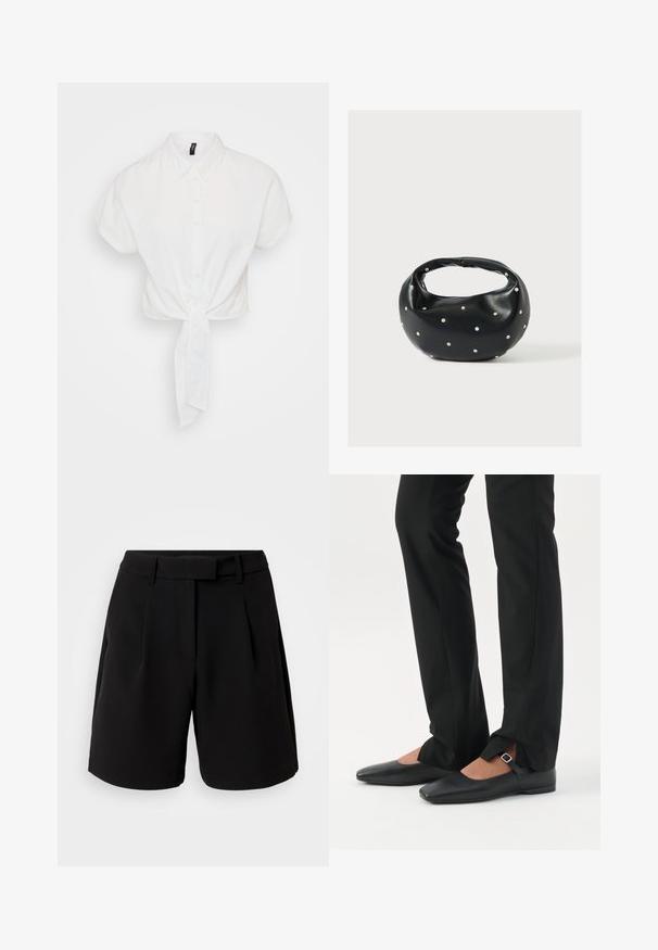 Hvid cropped skjorte med korte ærmer, knaplukning foran og en bundet knude i taljen. Fremstillet af et glat, let stof.; Sorte skræddersyede shorts lavet af glat stof, med høj talje, folder, bæltestropper og sidelommer, med et rent design.; Ben iført sorte smalle bukser med forreste slidser ved kanten, parret med sorte flade Mary Jane-sko med lille spænde.; Sort læderhåndtaske med en rundet form, dekoreret med sølvnitter, og et kort håndtag. Glat tekstur og lynlåslukning.
