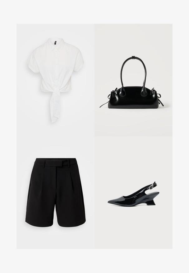 Weißes, kurzes Hemd mit kurzen Ärmeln, Knopfverschluss und einem gebundenen Knoten in der Taille. Hergestellt aus einem glatten, leichten Stoff.; Schwarze maßgeschneiderte Shorts aus glattem Stoff, mit hoher Taille, Falten, Gürtelschlaufen und Seitentaschen, in einem klaren Design.; Schwarzer Slingback-Schuh aus Lackleder mit spitzer Spitze und niedrigem, schrägem Blockabsatz auf einfachem hellem Hintergrund.; Kleine schwarze glänzende Handtasche mit zwei langen Griffen und seitlichen Kordelzug-Details vor einfachem hellem Hintergrund.