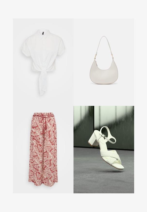 Camisa blanca corta con mangas cortas, con botones en el frente y un nudo atado en la cintura. Hecha de una tela suave y ligera.; Vero Moda Petite VMBALI WIDE PANTS - Pantalones - marsala; Sandalia blanca de tacón con tiras tejidas y hebilla en el tobillo, situada sobre un suelo gris frente a un fondo reflectante desenfocado.; Bolso de hombro de cuero crema con forma de media luna, correa delgada y sutil detalle de costuras. Diseño minimalista con acentos de hardware en tono dorado.