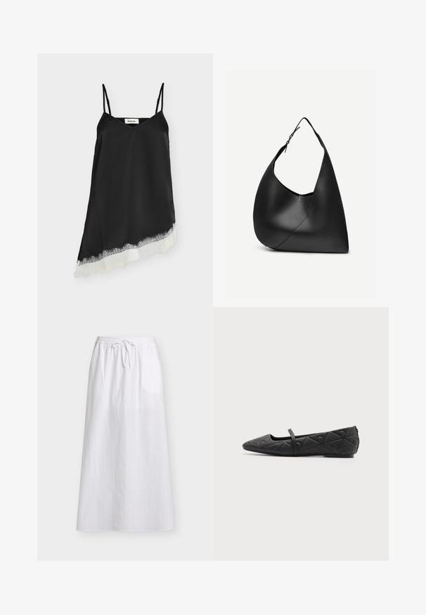 Μαύρο αμάνικο σατέν φόρεμα με λεπτές τιράντες και ασύμμετρο τελείωμα με λευκή δαντέλα.; Άσπρη φούστα μήκους μέχρι τον αστράγαλο με ελαστική μέση και κορδόνι μπροστά, κατασκευασμένη από ελαφρύ ύφασμα με διακριτική υφή.; Μαύρο μυτερό επίπεδο παπούτσι με γεωμετρικά σχέδια και λεπτό λουράκι στο επάνω μέρος σε απλό φόντο.; Μαύρη δερμάτινη τσάντα ώμου με καμπυλωτό τριγωνικό σχήμα, μονό ρυθμιζόμενο λουράκι και ορατή διαγώνια ραφή στο μπροστινό μέρος.