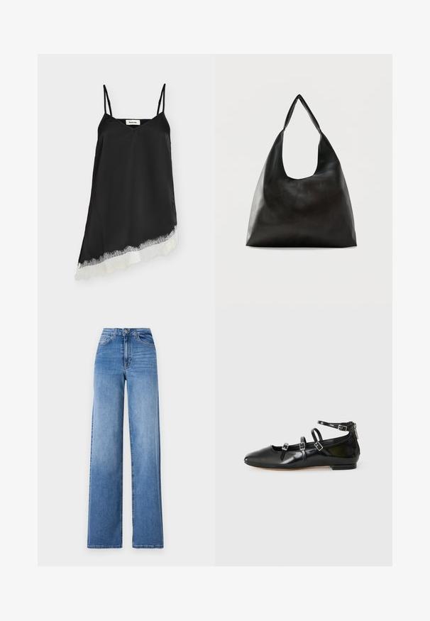 Sort ærmeløs satinkjole med tynde stropper og asymmetrisk kant med hvidt blonder.; Lyseblå vide denimbukser med høj talje, frontlommer og standard knaplukning. Glat tekstur.; ALDO NELTA - Ballerinasko - black; Sort skuldertaske i glat læder med en bred, enkelt strop og et afslappet, minimalistisk design mod en ensfarvet baggrund.