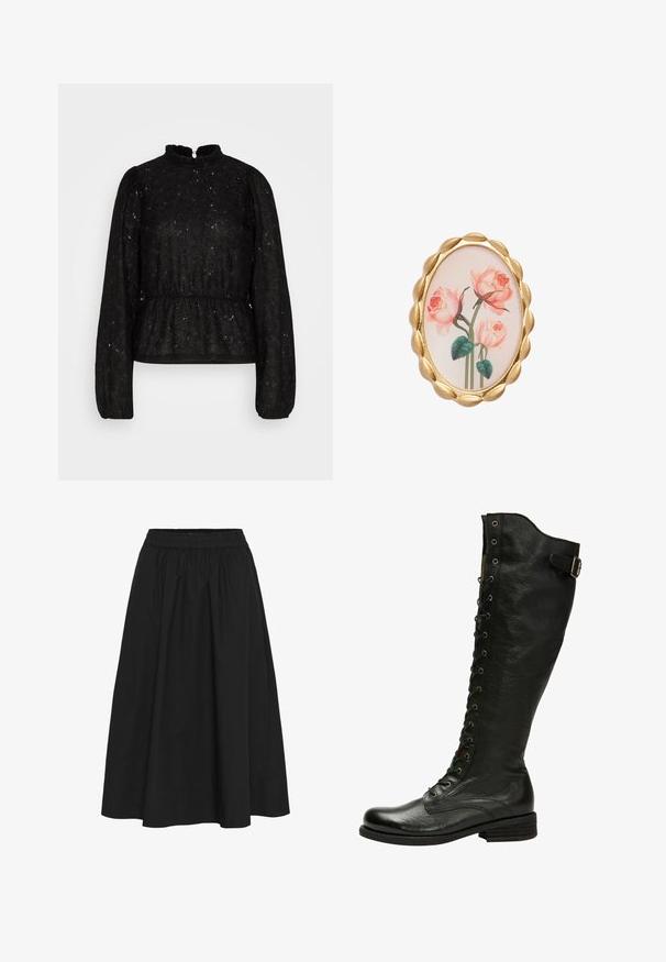 PIECES Tall PCJANESSA - Longsleeve - black; Zwarte, knie-lange rok van katoen, met een elastische tailleband, ge gathered textuur en een gladde afwerking zonder zichtbare patronen.; Zwarte leren kniehoog laars met vetersluiting aan de voorkant, zilveren oogjes en een bucklet aan de zijkant. Heeft een gestructureerde afwerking en een gestapelde hak.; Ovale broche met een goudkleurige geribbelde rand, voorzien van een florale afbeelding van roze rozen op een lichte achtergrond. Gladde textuur en gedetailleerde graphics.