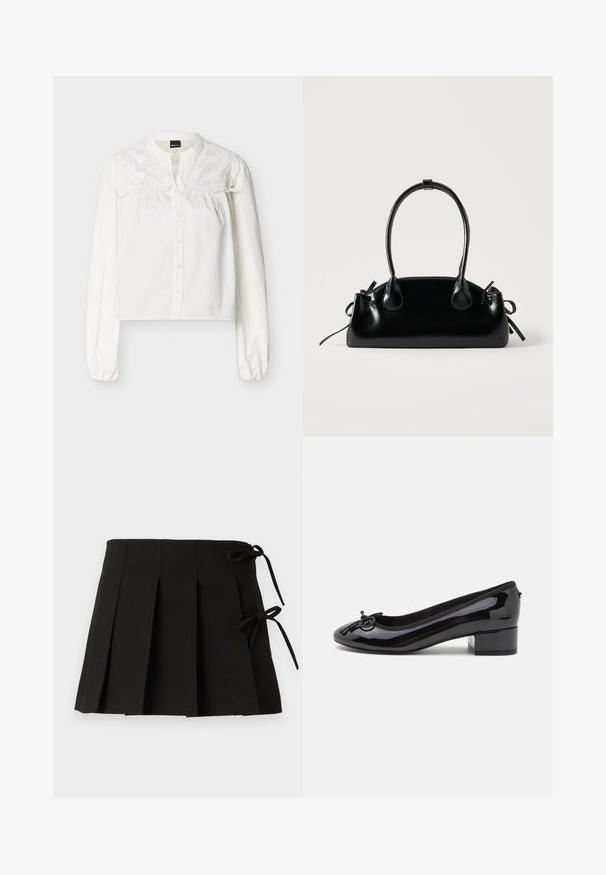 Blouse blanche à manches longues avec boutons sur le devant et détails en dentelle florale brodée sur la partie supérieure de la poitrine et les épaules.; Jupe plissée noire avec des liens sur les côtés, fabriquée dans un tissu à la texture lisse ; elle présente un design structuré et des lignes épurées.; Ballerines noires en cuir verni avec un bout rond, un petit talon bloc et un nœud décoratif à l'avant. Surface lisse et doublure rembourrée.; Petit sac à main noir brillant avec deux longues anses et des détails à cordon sur les côtés sur un fond clair uni.