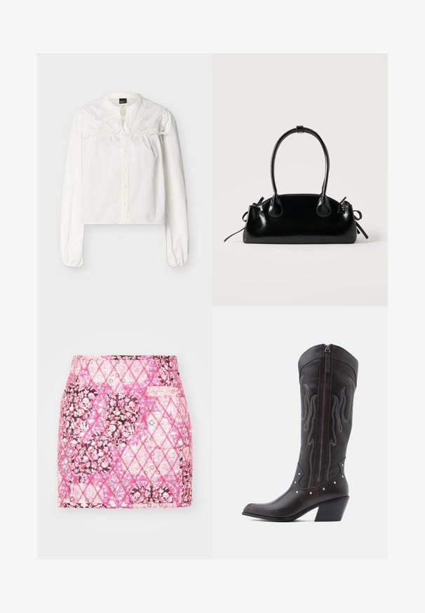 Weiße Bluse mit langen Ärmeln, Frontknöpfen und besticktem floralen Spitzenbesatz im oberen Brust- und Schulterbereich.; Rosa gesteppter Rock mit floralem Muster in verschiedenen Farben, seitlichem Taschen und rautenförmigen Steppdetails.; Braune Cowboy-Stiefel aus Leder mit Flammenstickerei, seitlichem Reißverschluss, silbernen Nieten, spitzer Zehenpartie und geschichtetem Absatz.; Kleine schwarze glänzende Handtasche mit zwei langen Griffen und seitlichen Kordelzug-Details vor einfachem hellem Hintergrund.