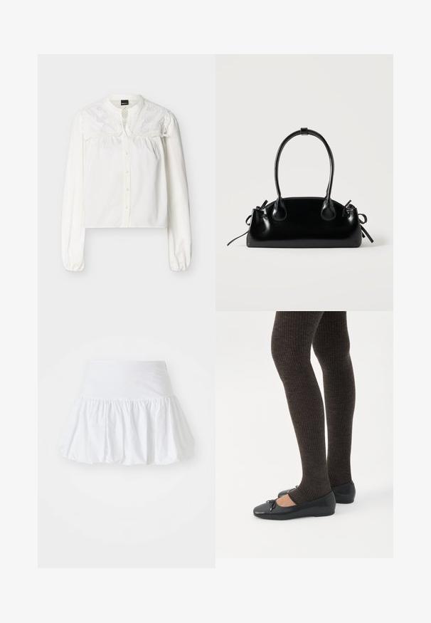 Blouse blanche à manches longues avec boutons sur le devant et détails en dentelle florale brodée sur la partie supérieure de la poitrine et les épaules.; Jupe évasée blanche fabriquée en tissu léger, avec un design froncé et une taille élastique pour le confort. Pas de motifs ni d'accents visibles.; Jambes portant des leggings côtelés foncés associés à des ballerines noires avec de petits détails en nœud sur fond blanc.; Petit sac à main noir brillant avec deux longues anses et des détails à cordon sur les côtés sur un fond clair uni.