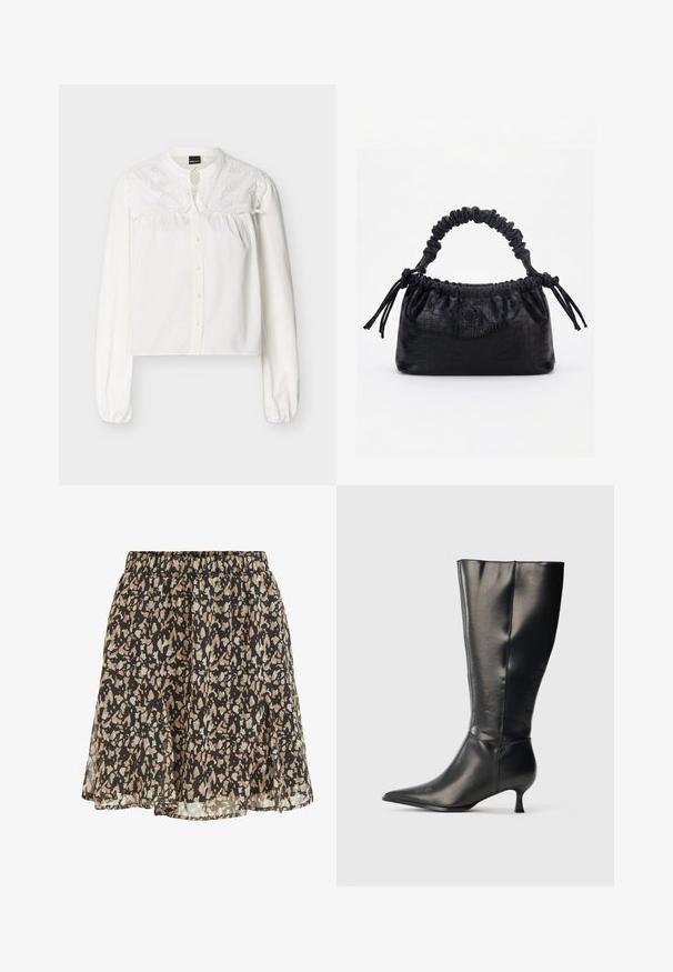 Blusa blanca de manga larga con botones delanteros y detalle de encaje floral bordado en la parte superior del pecho y los hombros.; Falda negra con manchas irregulares beige y gris claro, cintura elástica y un dobladillo suelto y ligeramente acampanado.; Bota negra de cuero hasta la rodilla, con punta afilada y tacón bajo tipo kitten, mostrada sobre un fondo claro y sencillo.; Bolso negro con textura de cocodrilo, borde superior fruncido, asa recogida y cordones con borlas en cada lado sobre un fondo blanco.