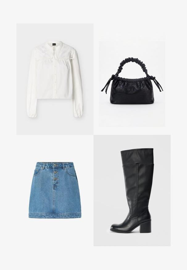 Hvid bluse med lange ærmer, forreste knapper og broderet blomsterblonde-detalje på øvre bryst og skuldre.; Lysblå denimnederdel med en lige pasform, frontknaplukning med metalliske detaljer, to sidelommer og en syet kant.; Knæhøje sorte læderstøvler med blokhæle, glat tekstur og syninger langs siderne. Enkel og moderne design.; Sort taske med krokodilletekstur, rynket øverste kant, samlet hank og snore med kvaster på hver side mod en hvid baggrund.