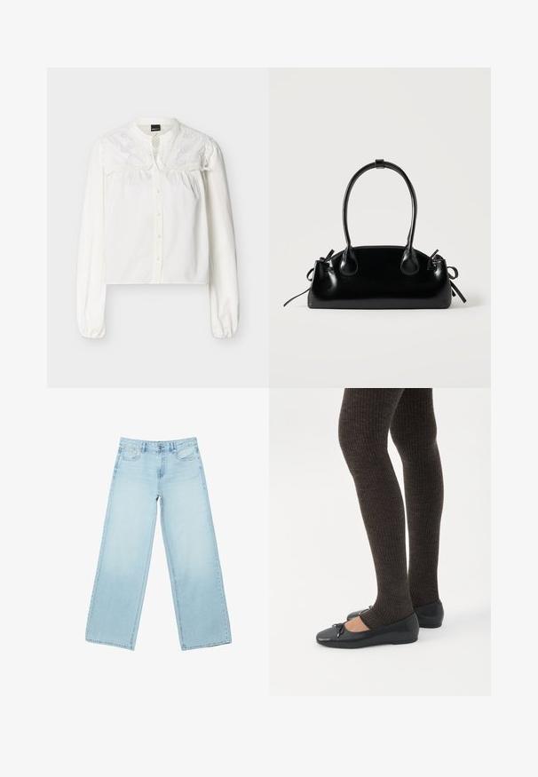Blouse blanche à manches longues avec boutons sur le devant et détails en dentelle florale brodée sur la partie supérieure de la poitrine et les épaules.; Jean denim bleu clair à jambes larges avec une coupe décontractée, doté d'un design à cinq poches, d'accessoires métalliques argentés et de coutures visibles.; Jambes portant des leggings côtelés foncés associés à des ballerines noires avec de petits détails en nœud sur fond blanc.; Petit sac à main noir brillant avec deux longues anses et des détails à cordon sur les côtés sur un fond clair uni.