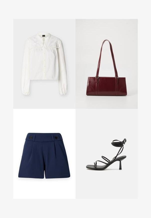 Blouse blanche à manches longues avec boutons sur le devant et détails en dentelle florale brodée sur la partie supérieure de la poitrine et les épaules.; Shorts ajustés bleu marine en tissu léger, avec deux plis devant et deux boutons noirs à la taille.; Sandale noire à lanières avec un bout carré, des liens de cheville réglables et un talon carré fin. Fabriquée en un matériau lisse et durable.; Sac à main bordeaux en matériau brillant, de forme rectangulaire, avec deux anses et des accents légèrement courbés à l'avant.