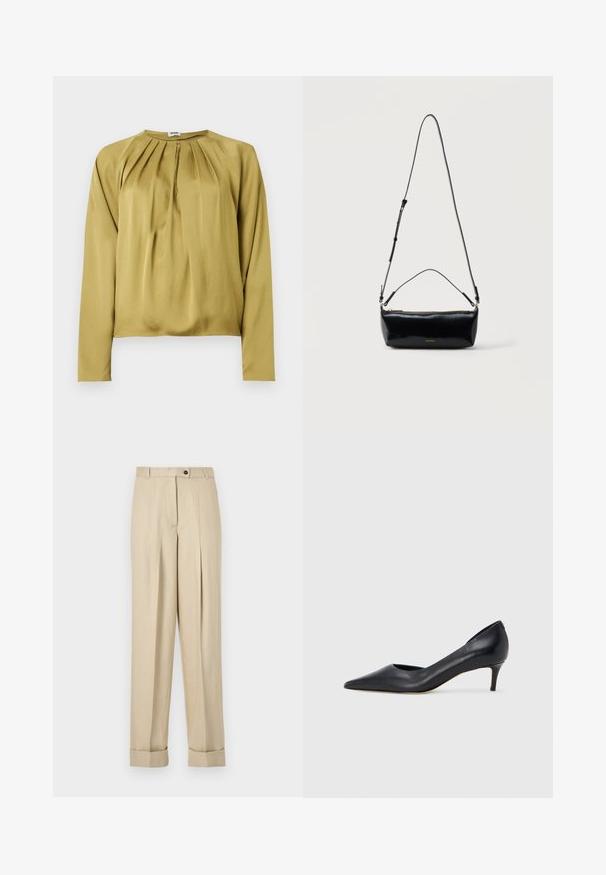 Blouse à manches longues vert olive avec un col rond, un détail plissé sur le devant et une texture lisse et douce. Aucune garniture ou accent visible.; Pantalon beige taille haute avec plis, passants pour ceinture, fermeture par bouton et zip, et ourlets retroussés sur un fond uni.; Escarpin en cuir noir avec un bout pointu et un talon bas. Présente une texture lisse et un éclat subtil. Découpe ouverte à l'avant pour un détail supplémentaire.; Sac bandoulière rectangulaire en cuir noir avec bandoulière ajustable, fermeture éclair sur le dessus et petit logo Calvin Klein doré sur le devant.