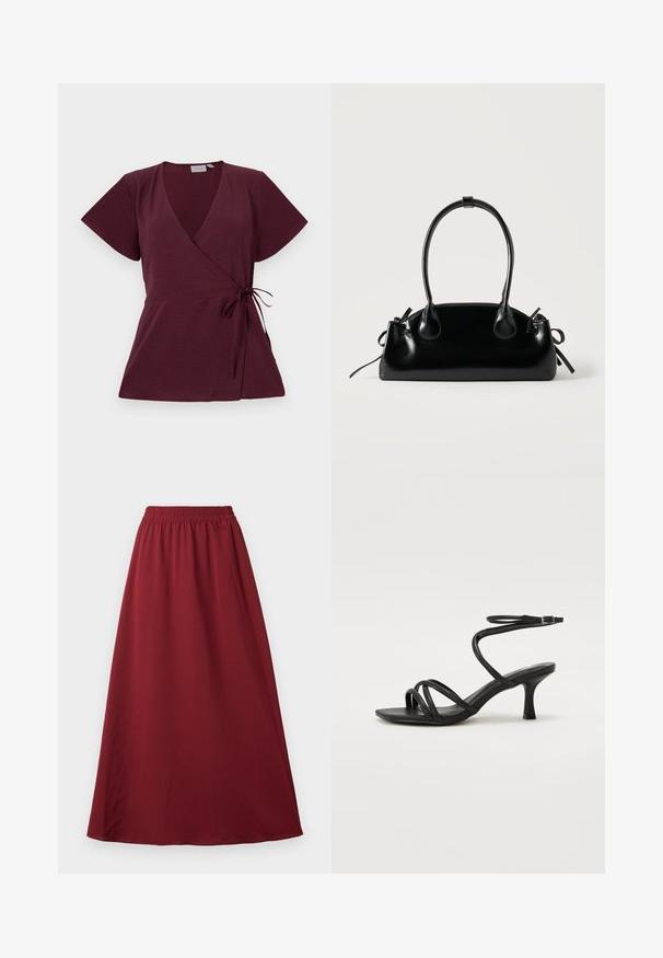 Burgundy indpakningsbluse med korte ærmer, V-udskæring, bindebånd i taljen og struktureret stof. Enkel og alsidig design.; Bordeaux maxi nederdel med elastisk talje, der har et glat, flydende stof og et enkelt, uprydet design.; Even&Odd Wide Fit by Zalando Sandaler - black; Lille sort blank håndtaske med to lange håndtag og snøre-detaljer i siden på en ensfarvet lys baggrund.