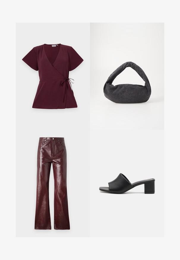 Burgunderfarbene Wickelbluse mit kurzen Ärmeln, V-Ausschnitt, Bindegürtel in der Taille und strukturierter Stoff. Einfaches und vielseitiges Design.; Vero Moda VMTESSA WIDE VINYL - Stoffhose - winetasting; Schwarze Leder-Mules mit Blockabsatz und offenem Zehenbereich, mit einer glatten Oberfläche und einem leicht geschwungenen Schaft für Komfort und Stil.; Dunkelgraue Stofftasche mit einem gebogenen Griff, weicher Textur und runder Form. Keine sichtbaren Beschläge oder Verzierungen.