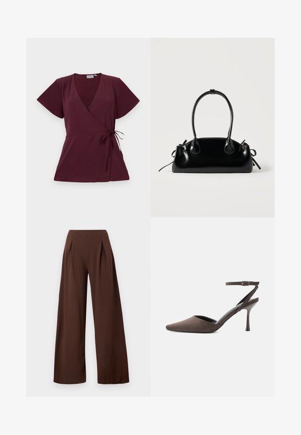 Haut enveloppant bordeaux avec des manches courtes, décolleté en V, détail noué à la taille et tissu texturé. Design simple et polyvalent.; Pantalons à larges jambes en tissu marron foncé, avec une taille haute, des plis avant et une texture lisse. Convient pour diverses occasions.; Chaussure à talon haut en daim marron à bout pointu, avec une fine bride de cheville et une boucle argentée sur fond blanc.; Petit sac à main noir brillant avec deux longues anses et des détails à cordon sur les côtés sur un fond clair uni.