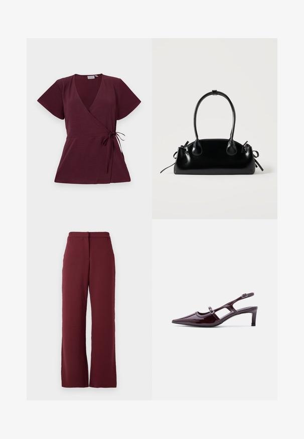 Haut enveloppant bordeaux avec des manches courtes, décolleté en V, détail noué à la taille et tissu texturé. Design simple et polyvalent.; Pantalons droits pour femmes en bordeaux foncé avec une taille haute et des poches latérales, présentés sur un fond blanc uni.; Chaussure slingback en cuir verni bordeaux avec bout pointu, talon bas et double bride à boucle réglable.; Petit sac à main noir brillant avec deux longues anses et des détails à cordon sur les côtés sur un fond clair uni.