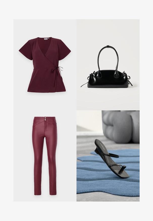 Burgunderfarbene Wickelbluse mit kurzen Ärmeln, V-Ausschnitt, Bindegürtel in der Taille und strukturierter Stoff. Einfaches und vielseitiges Design.; Burgunderfarbene, taillierte Skinny-Hosen aus Kunstleder mit hoher Taille, ausgestattet mit zwei vorderen Knöpfen, schrägen Vorderentaschen und einer glatten, glänzenden Textur.; Schwarze Riemchensandale mit Zehenring, auf einem blau strukturierten Teppich präsentiert, mit einem großen grauen Dekorationsobjekt unscharf im Hintergrund.; Kleine schwarze glänzende Handtasche mit zwei langen Griffen und seitlichen Kordelzug-Details vor einfachem hellem Hintergrund.