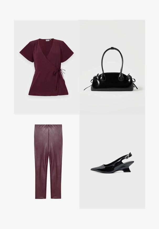 Burgunderfarbene Wickelbluse mit kurzen Ärmeln, V-Ausschnitt, Bindegürtel in der Taille und strukturierter Stoff. Einfaches und vielseitiges Design.; Burgunderfarbene Leggings aus Kunstleder mit glatter Textur, hoher Taille und enganliegendem Design, das bis zu den Knöcheln reicht, ohne zusätzliche Details.; Schwarzer Slingback-Schuh aus Lackleder mit spitzer Spitze und niedrigem, schrägem Blockabsatz auf einfachem hellem Hintergrund.; Kleine schwarze glänzende Handtasche mit zwei langen Griffen und seitlichen Kordelzug-Details vor einfachem hellem Hintergrund.