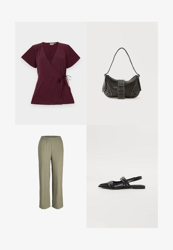 Burgundy indpakningsbluse med korte ærmer, V-udskæring, bindebånd i taljen og struktureret stof. Enkel og alsidig design.; Lys olivengrønne, løstsiddende bukser med elastisk talje, designet i et glat, let materiale, med lige ben.; Even&Odd by Zalando Slingback-ballerinasko - black; Sort læder skuldertaske med spænde på remmen, afrundede kanter og kontrasterende hvide syninger på en ensfarvet baggrund.