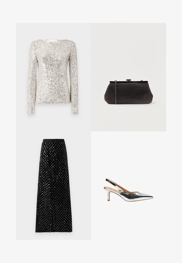 T-shirt à manches longues en argent avec un motif de sequins sur l'ensemble. Comprend un col rond et un détail de lien au dos. Texture lisse et brillante.; Jupe maxi en velours noir ornée d'un motif de sequins en diamant, avec une taille lisse et une silhouette droite.; Escarpin slingback argenté à bout pointu, texture métallique lisse, talon aiguille de 5 cm. Doté d'une bride quart pour plus de sécurité.; Pochette noire en mesh avec une silhouette structurée, ornée de petits clous métalliques, dotée d'une fermeture à clip et d'une bandoulière en chaîne détachable.