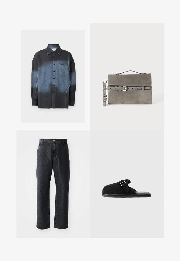 Knopfhemd mit langen Ärmeln in Farbverlauf von Schwarz zu Denimblau, Brusttasche mit sichtbarem Etikett und sichtbaren Nahtdetails.; Schwarze Denim-Jeans mit geradem Schnitt, ausgestattet mit einem Knopfverschluss, fünf Taschen und subtiler Textur. Klassisches Design ohne auffällige Muster.; Schwarze, gesteppte Riemensandale mit leichtem Design, verstellbarem Riemen mit Schnalle und strukturiertem Sohlenboden für besseren Halt.; Graue rechteckige Clutch aus Veloursleder mit oberem Griff, abnehmbarem Riemen und silbernem Schnallengürtel-Detail auf der Vorderklappe.