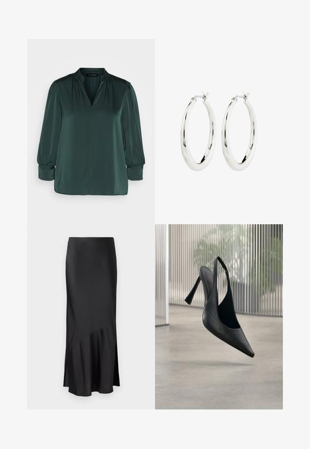 Mørkegrøn bluse lavet af glat stof, med V-udskæring, samlede skuldre og lange ærmer med elastiske manchetter. Lige kantdesing.; Sort satin midi-skirt med et elegant design, der har en let flared kant og en sideslids for nem bevægelse. Glat tekstur.; Sort læder slingback stilet hælsko med spids tå, svævende over en glat beton gulv og vertikal metal panel baggrund.; Sølvøreringe i form af hoops med en glat, blank finish. Cirkulær form, der har en sikker lås. Simpelt og elegant design.