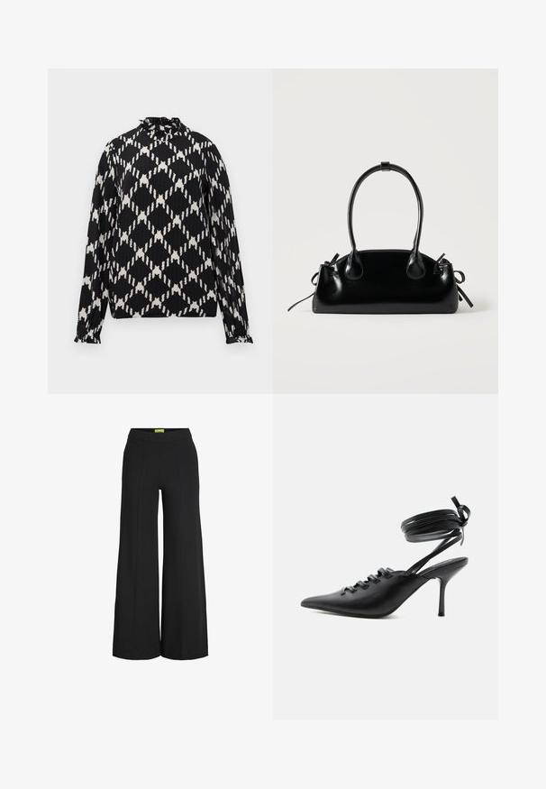 Schwarze Bluse mit langen Ärmeln, hohem Kragen und weißem, rautenförmigem abstraktem Muster, mit Rüschensärmeln und leichtem Struktur.; Schwarze, weit geschnittene Hose mit hoher Taille und vertikalen Nahtdetails an der Vorderseite.; Schwarzer spitzer High-Heel-Schuh mit Schnürung vorne und wickelnden Knöchelriemen, die zu einer Schleife gebunden sind, von der Seite auf weißem Hintergrund gezeigt.; Kleine schwarze glänzende Handtasche mit zwei langen Griffen und seitlichen Kordelzug-Details vor einfachem hellem Hintergrund.